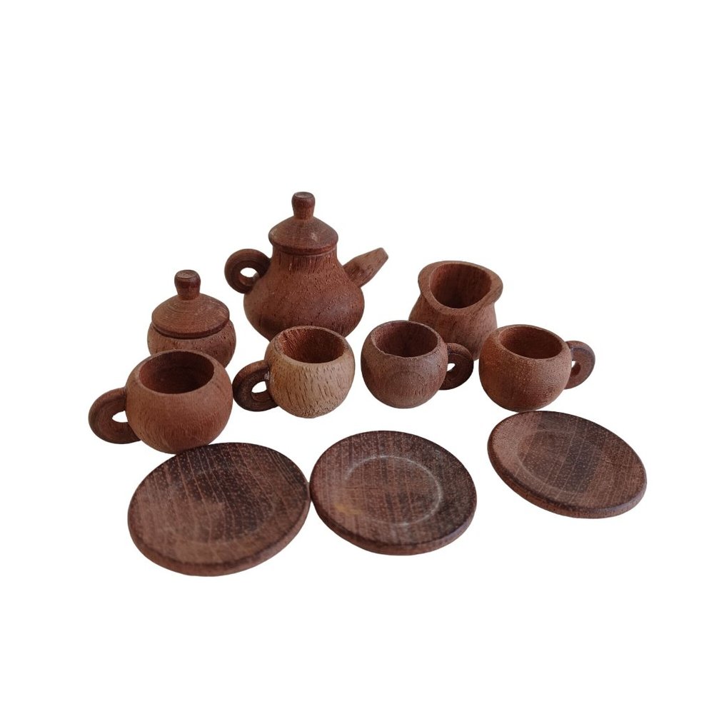 Old Miniature Wood Tea Set 11 Piece 1.75" Plates Dollhouse Size .75" Cups Vtg